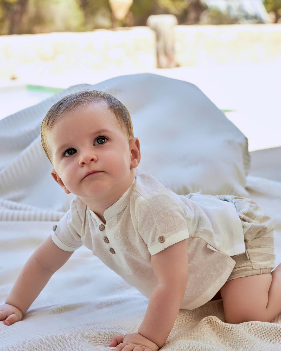 OFF WHITE MANDARIN COLLAR LINEN SHIRT FOR BABY BOY