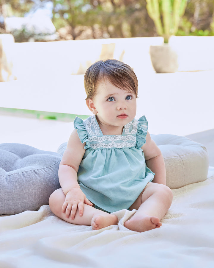 SEA GREEN LINEN DRESS WITH BIREFS FOR BABY GIRL