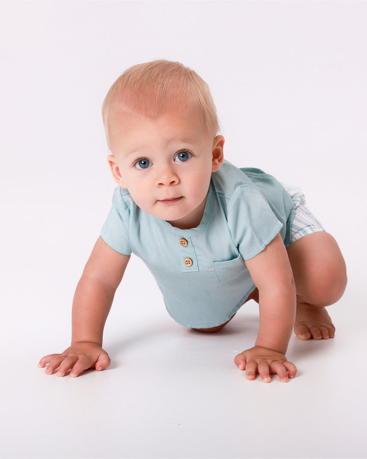 BLOUSE AND AQUAMARINE CHAMBRAY BOMBACHO SHORTS FOR BABY BOY