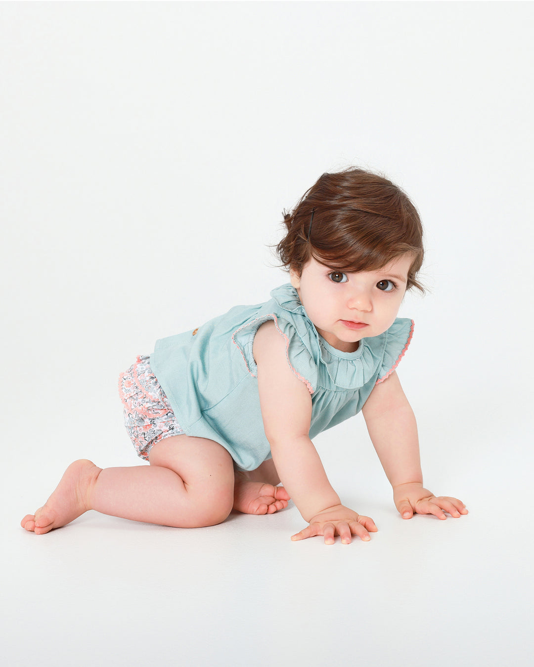 SET BLUSONE E BLOOMERS CHAMBRAY ACQUAMARINA PER BAMBINA