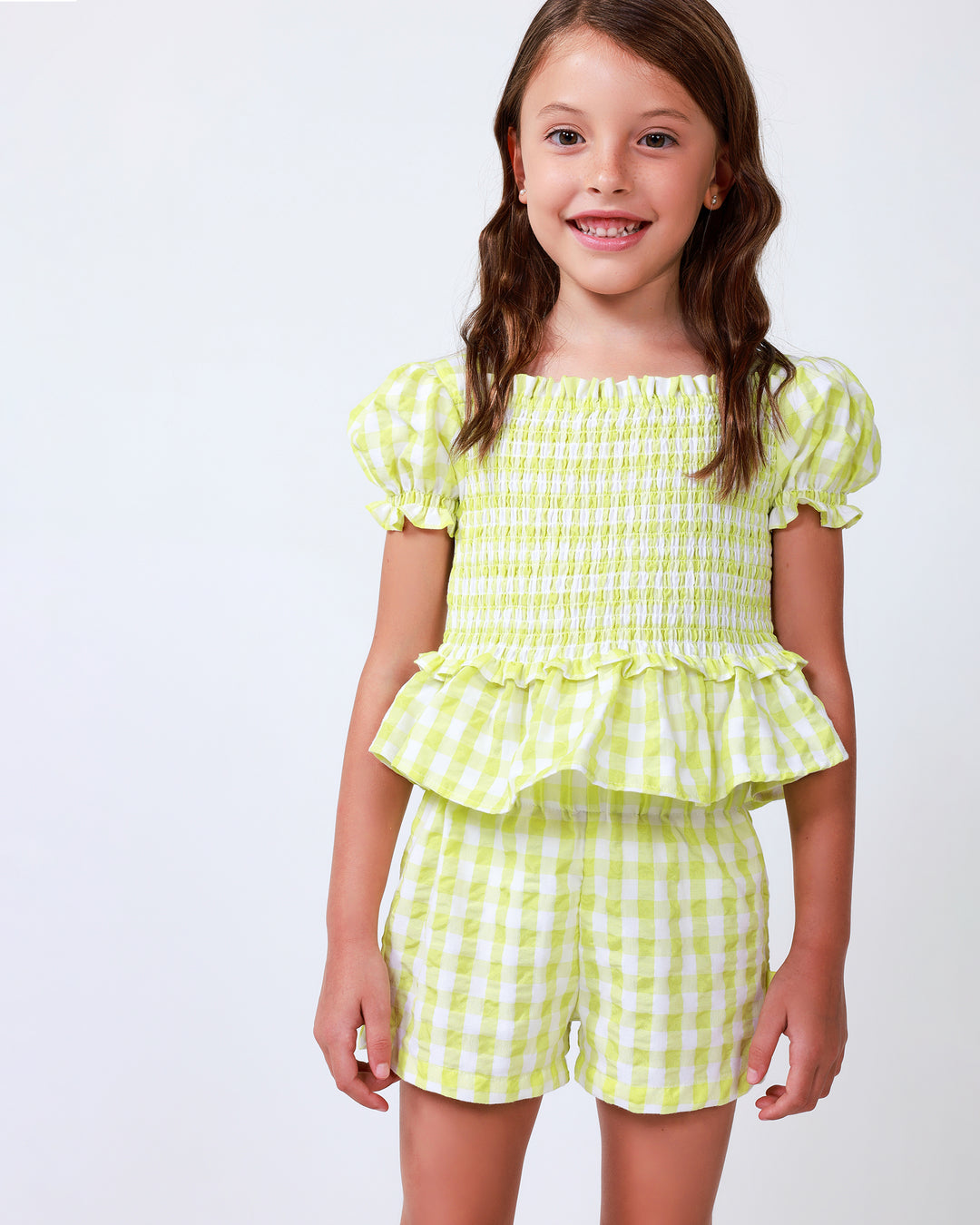 LIME CHECKED BLOUSE AND SHORTS SET 