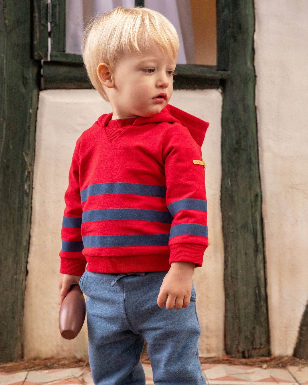 RED HOODED SWEATSHIRT TWO-PIECE SET BOY