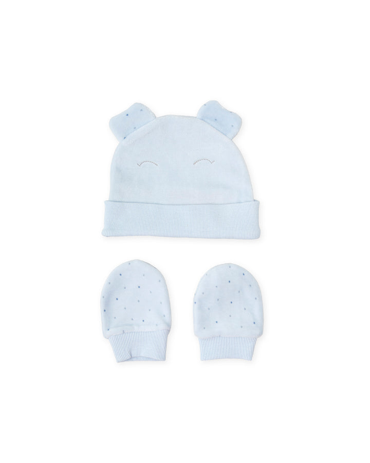 SKY BLUE HAT WITH EARS AND MITTENS BABY BOY